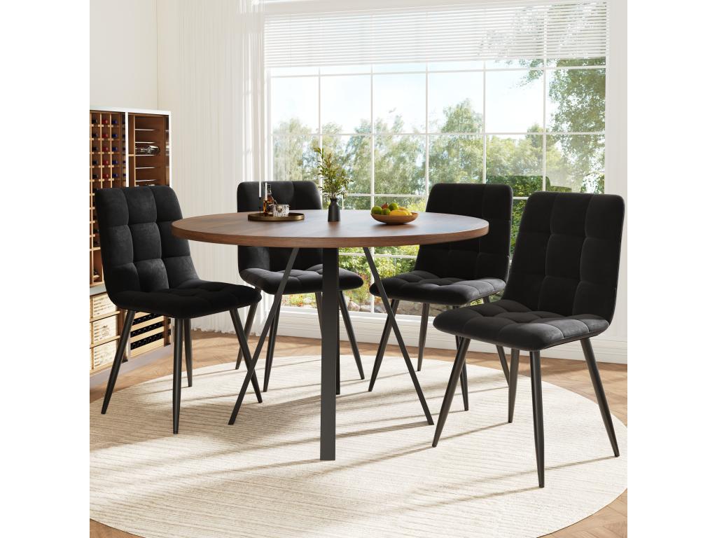 Ensemble table ronde 4 chaises en velours noir sans accoudoirs - P 80 x H 75 cm - Bois MDF - Coloris noyer RTSP15602