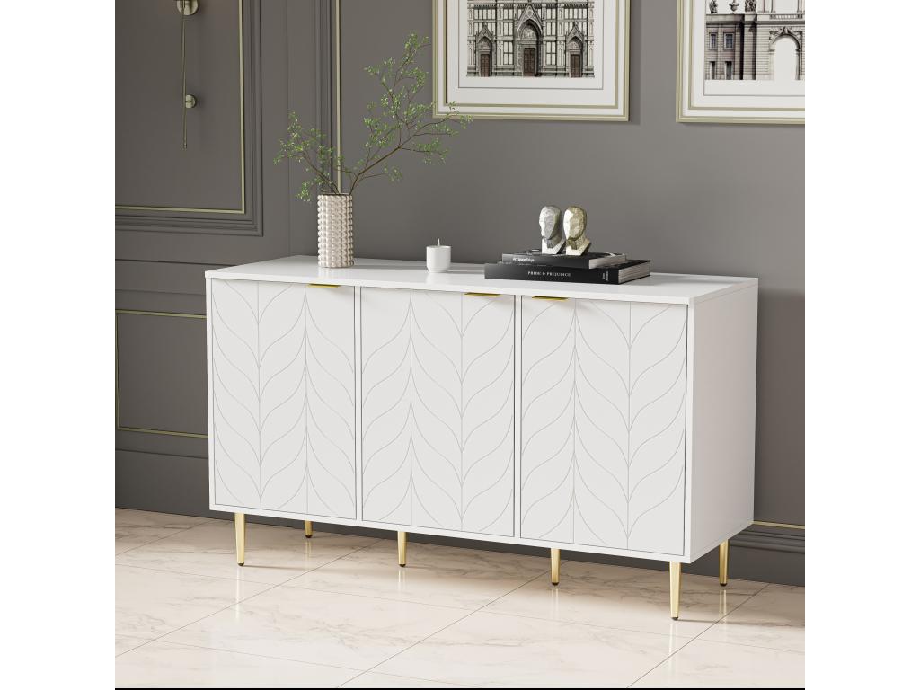 Buffet moderne avec 3 portes en motif floral - bois MDF et métal - 127x45x75 cm - blanc NATN53628