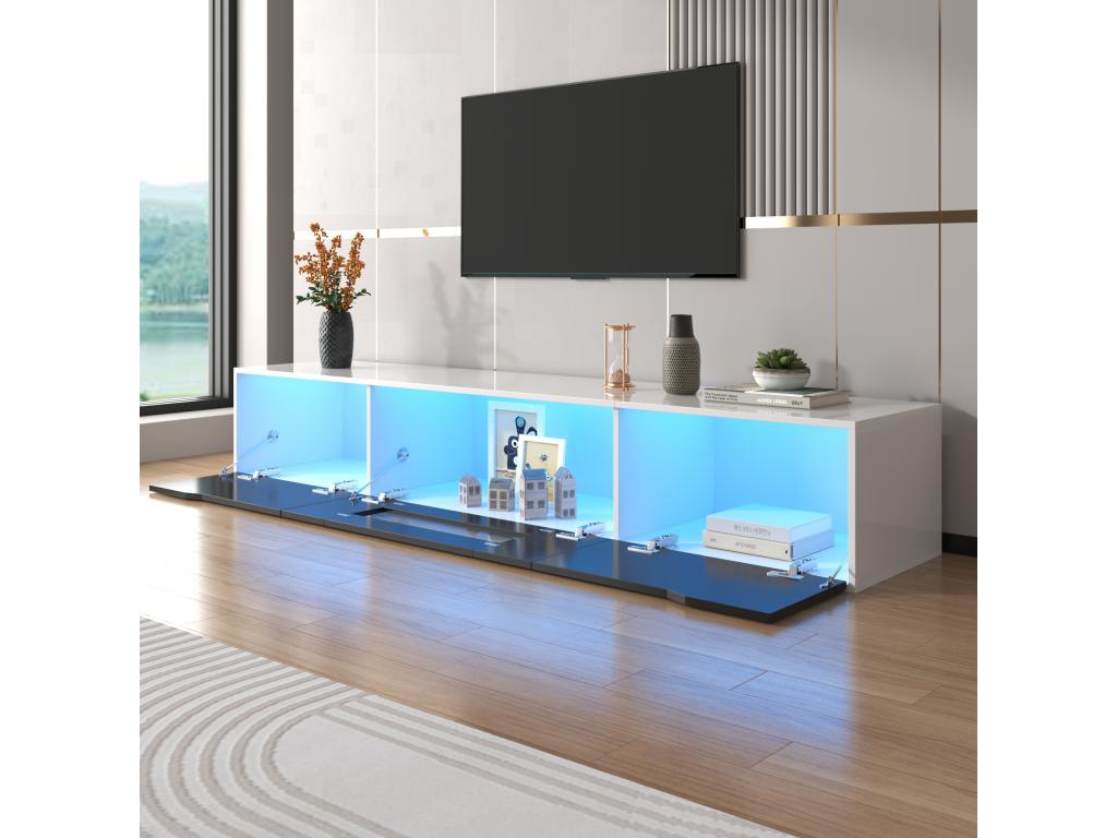 Meuble TV haute brillance noir et blanc avec éclairage LED à couleur changeante portes Boislis-à-Ouvrir 180x30 GOKAINS HAJZ86189