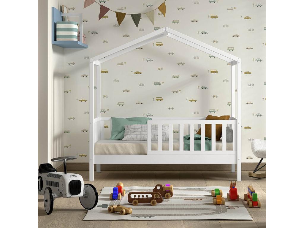 Boislis - Lit Maison Boislis à Barrières 70x140cm Pin Massif laqué Blanc QEUT89205