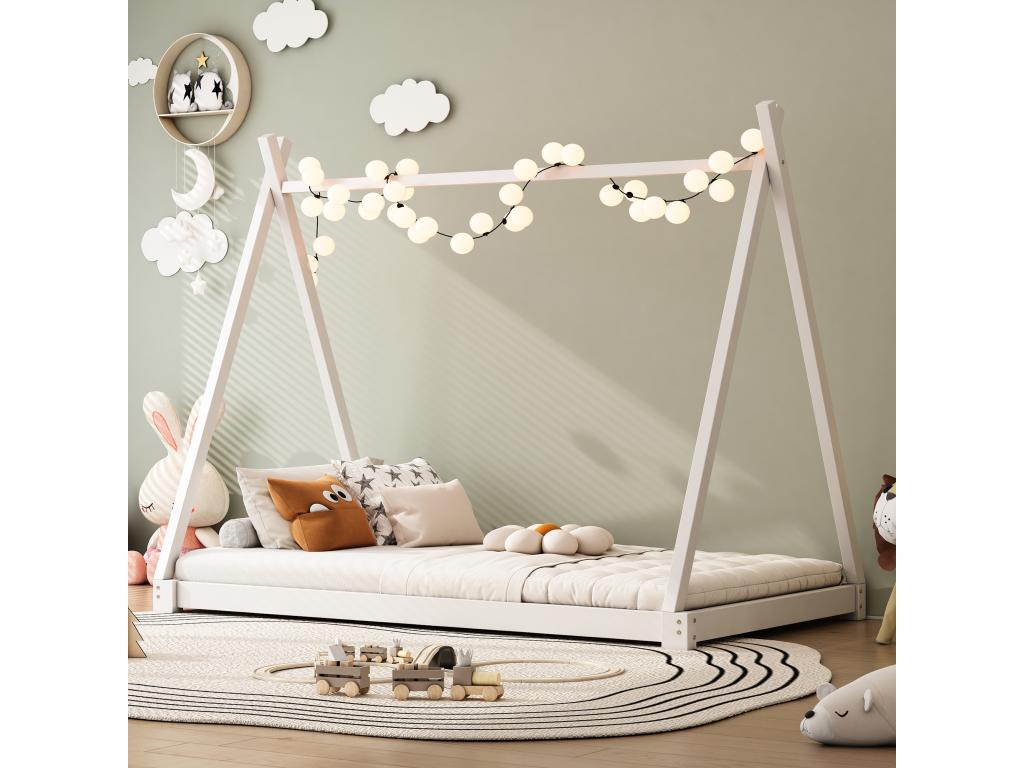 Lit cabane 90x200cm en bois massif it plat tente-lit modelé avec sommier à Boislis blanc JQOV64575