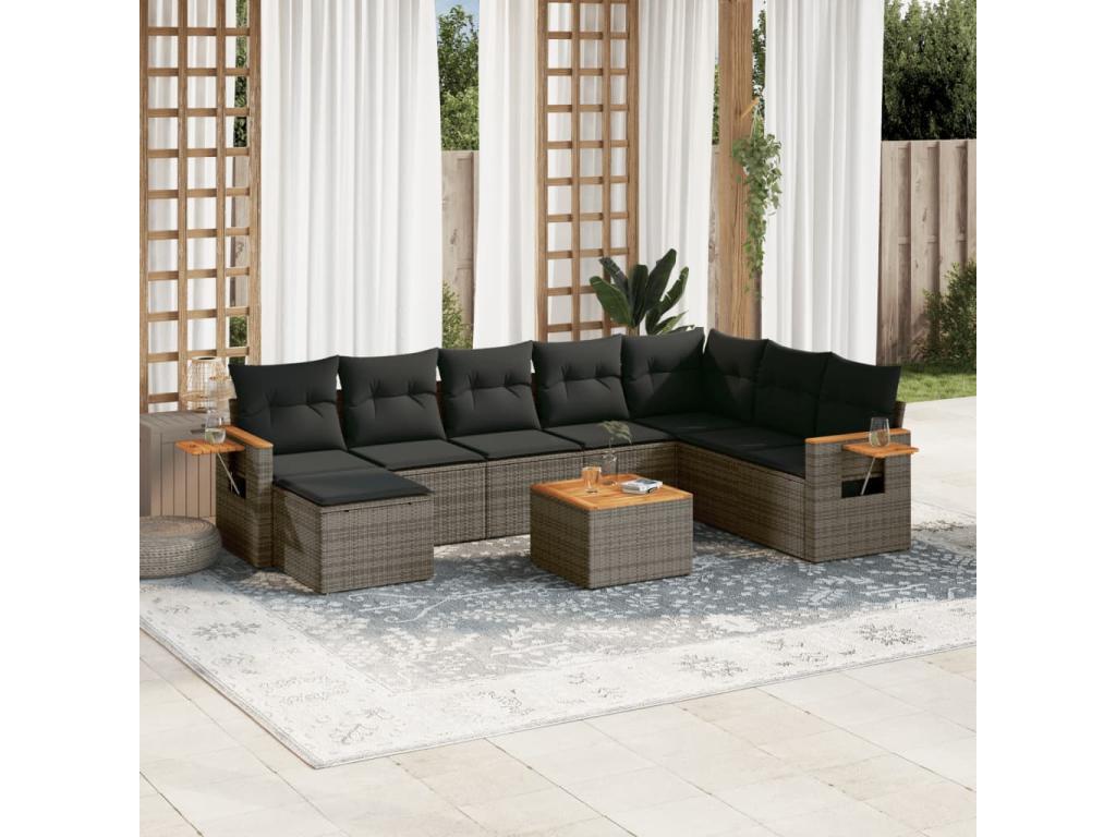 Salon de jardin 9 pcs avec coussins gris résine tressée UXSY87189