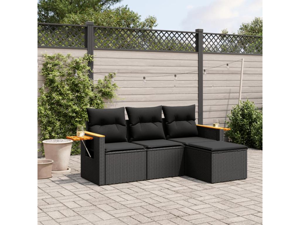 Salon de jardin 4 pcs avec coussins noir résine tressée QFXV14784