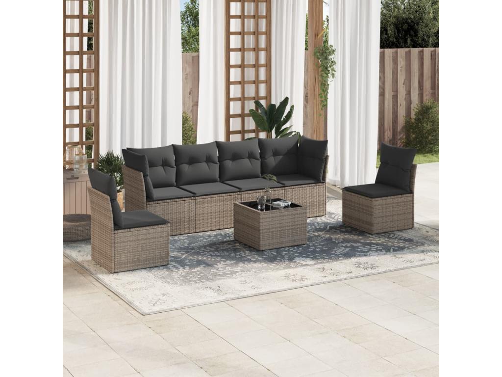 Salon de jardin avec coussins 7 pcs gris résine tressée XQUR31122