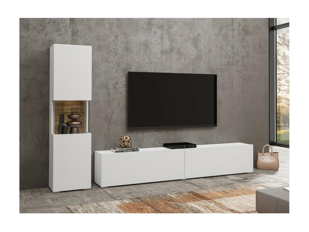 Ensemble vitrine et meuble TV collection Boislis- Couleur blanc et chêne. IMUN22516