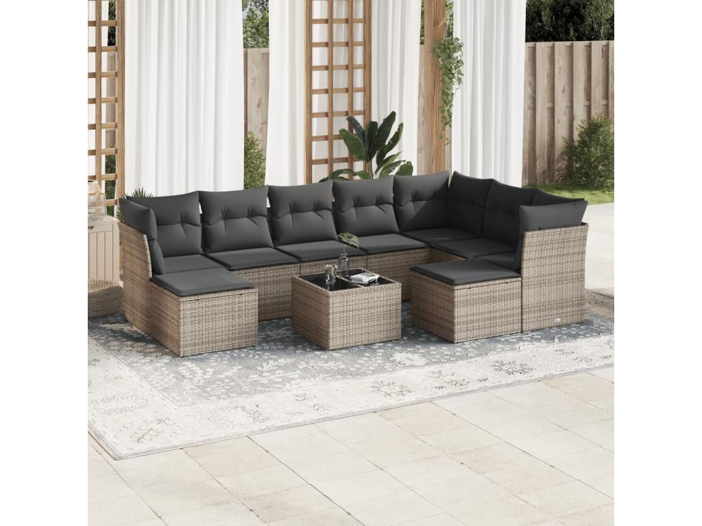 Salon de jardin avec coussins 10 pcs gris résine tressée IEDK82472
