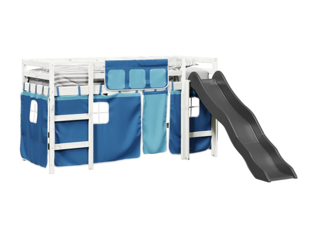 Lit mezzanine enfants et rideaux bleu 90x190cm bois pin massif KPHT85522