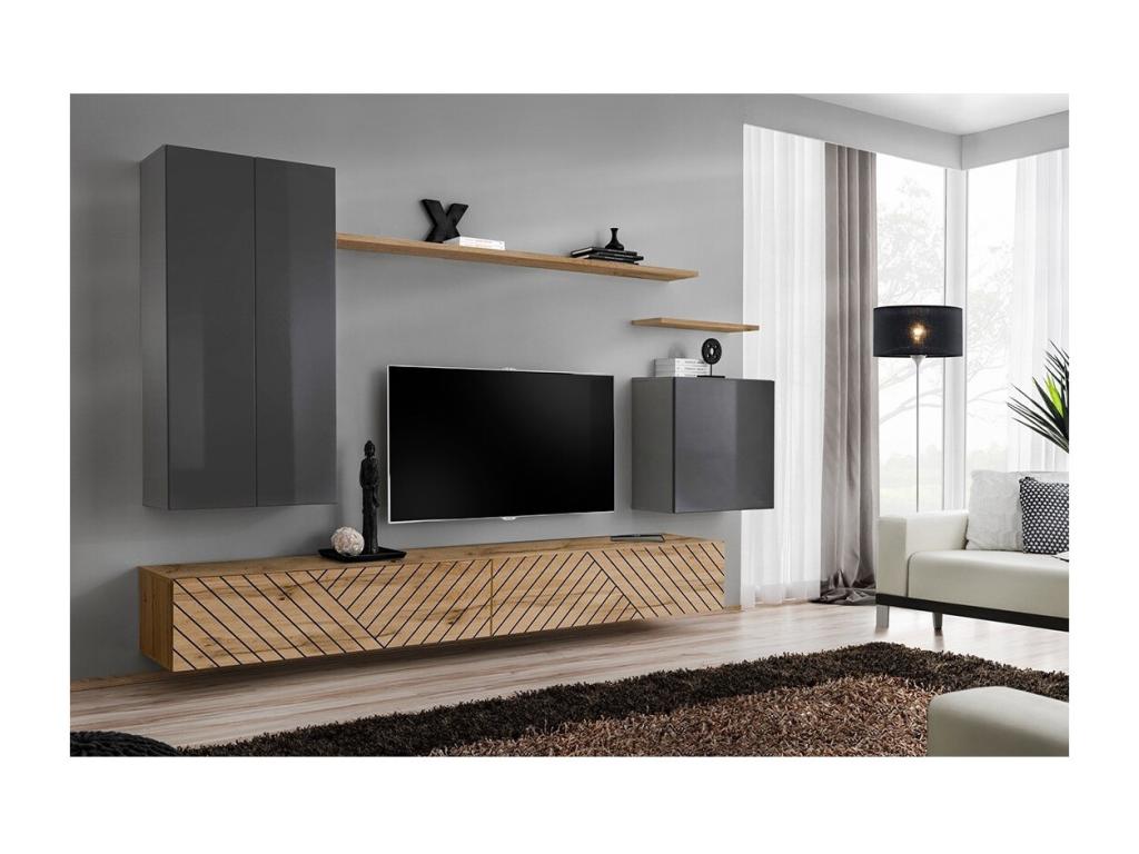 Ensemble meuble de salon SWITCH II gris et chêne Boislis finitions effet gris brillant et chêne fraisé NCOP57221