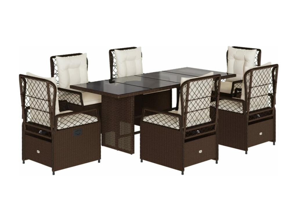 Ensemble à manger de jardin et coussins 7 pcs marron rotin ZENJ59427