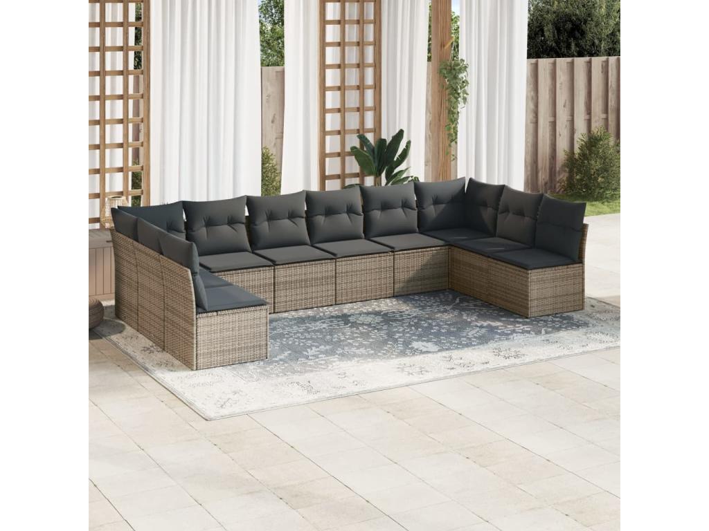 Salon de jardin avec coussins 10 pièces gris résine tressée ZVWM52860