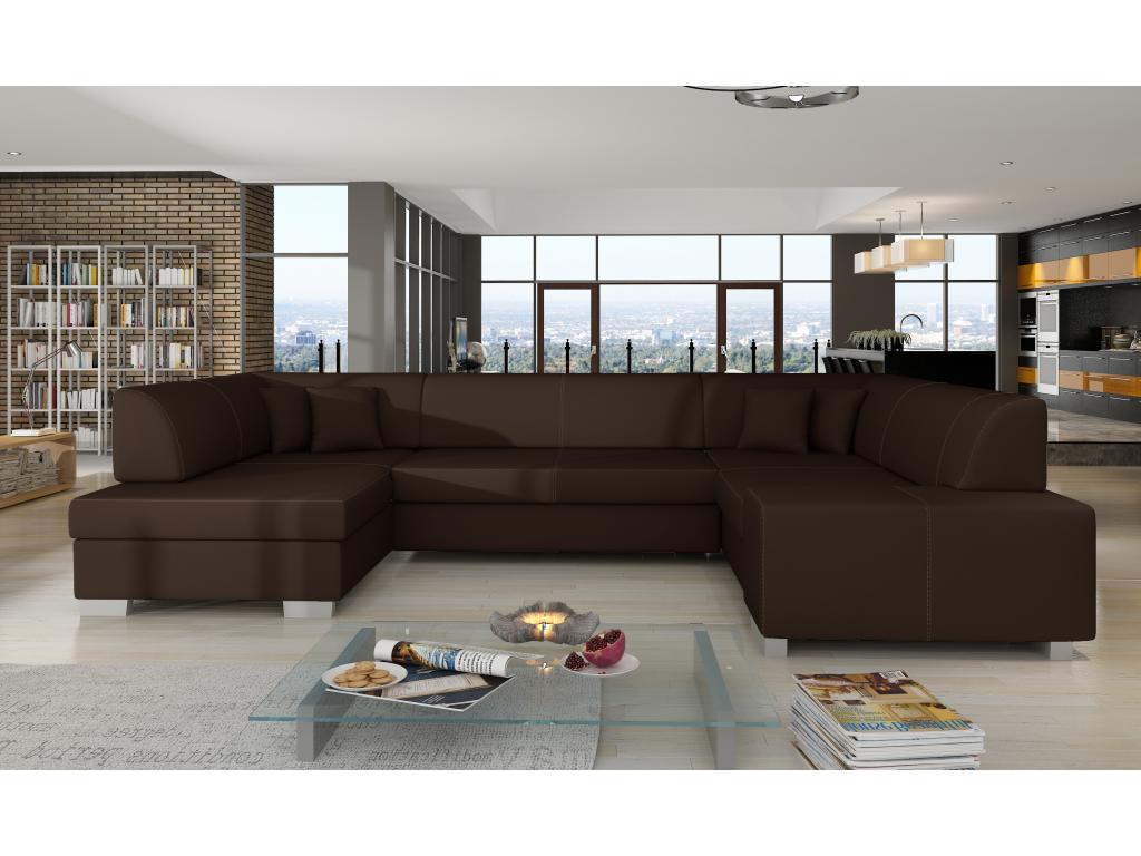 Canapé convertible panoramique simili cuir marron avec coffre de rangement Boislis 320cm-Coffre de rangement à gauche TMGL32928