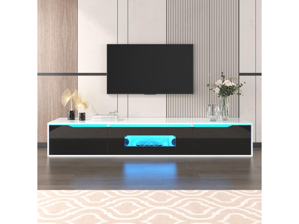 Meuble TV haute brillance noir et blanc avec éclairage LED à couleur changeante portes Boislis-à-Ouvrir 180x30 GOKAINS HAJZ86189