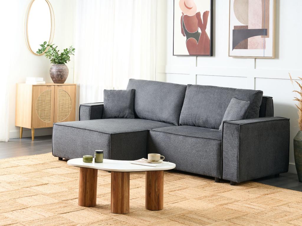 Canapé d'Angle à gauche Moderne Fonction Couchage Dossier Rembourré avec Coussins en Tissu Polyester Gris Foncé Boislis XNYT06752