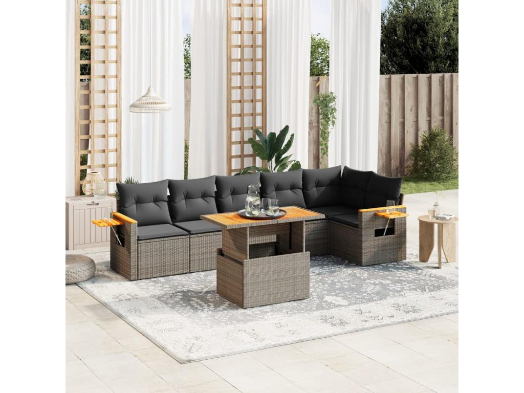 Salon de jardin avec coussins 7 pcs gris résine tressée GDYS74901
