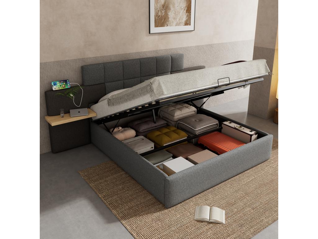 Lit coffre 180x200 cm avec tête de lit Mobenze et 2 étagères - Tissu en lin - Prise USB - Gris clair et noir Sans matelas TWSS01649