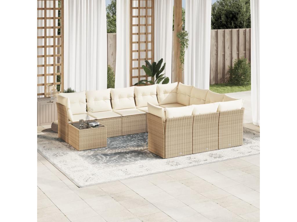 Salon de jardin 11 pièces avec coussins beige résine tressée UQQI04951