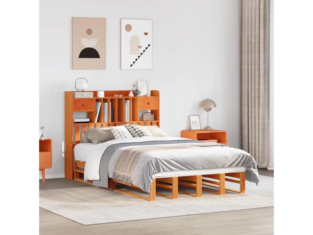 Lit bibliothèque sans matelas cire marron 120x190cm pin massif ROMK37796