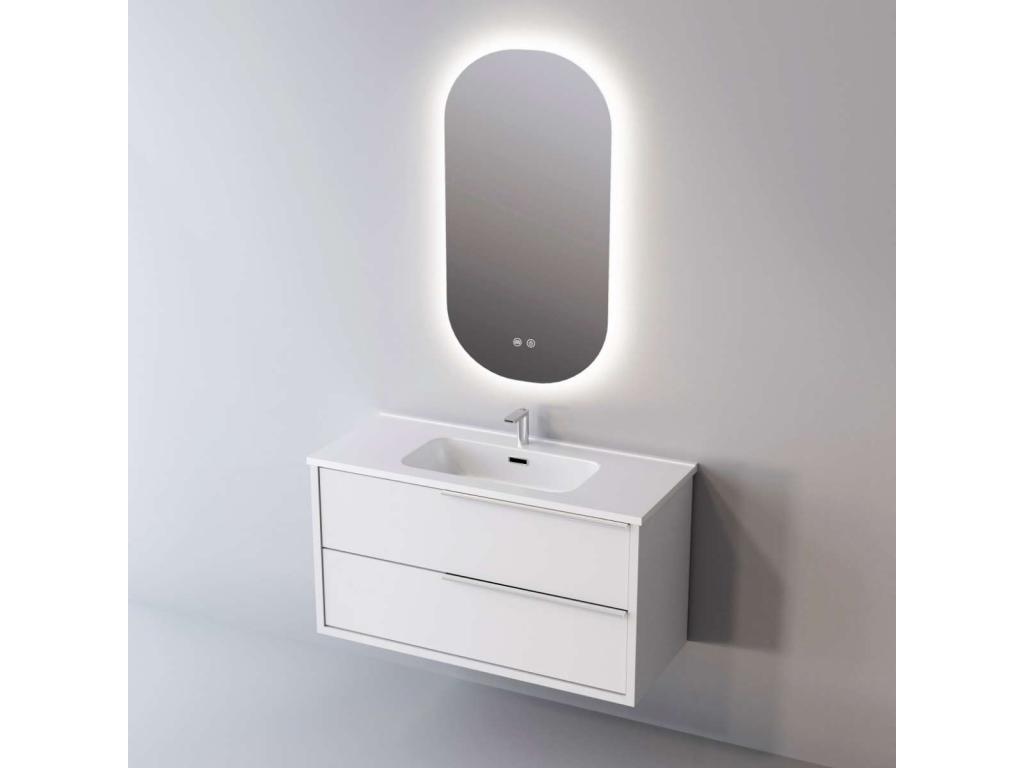 Meuble de salle de bain plan vasque Solide Surface 2 Tiroirs Poignée Inox Satiné l100xh54xp45 Laqué Blanc Mat LIKE NQWQ52922