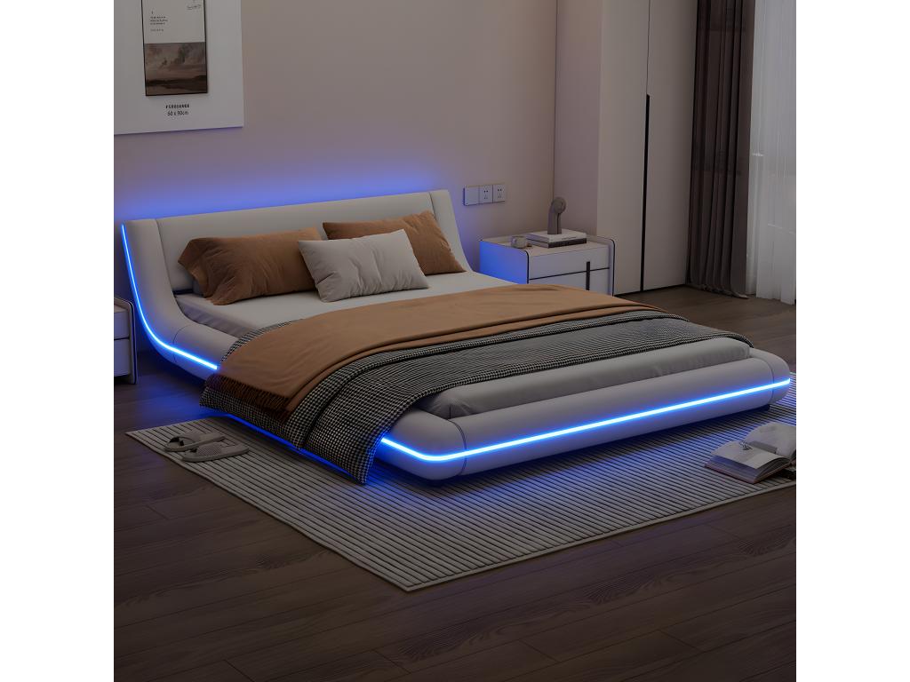 Lit plat 140x200cm lit de sol PU Boislisère d'Boislis LED télécommande 24 touches blanc QQKW84641