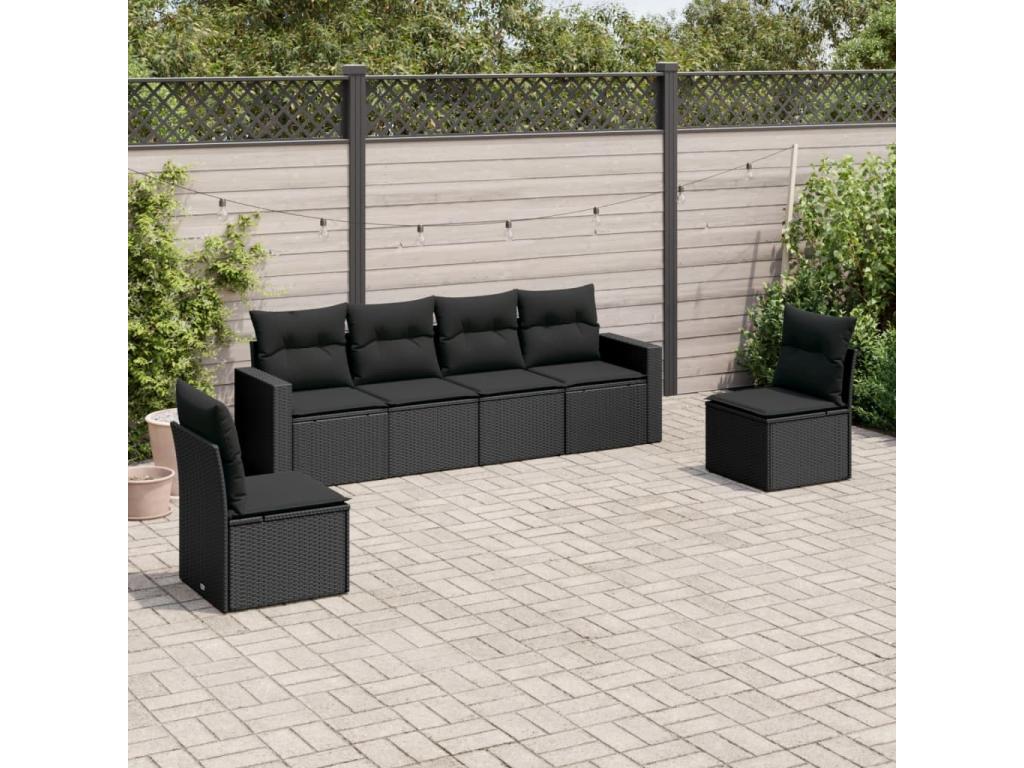 Salon de jardin 6 pcs avec coussins noir résine tressée PPUX17689