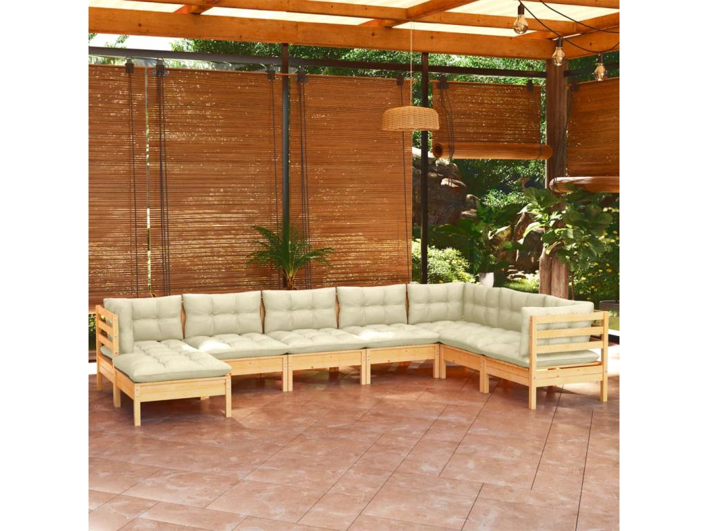 Salon de jardin 8 pcs avec coussins crème Bois de pin solide 5 BWTN85114