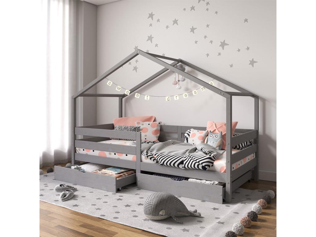 Lit cabane Boislis lit enfant simple montessori 90x190 cm avec 2 tiroirs de rangement en pin massif lasuré gris RUFB21367