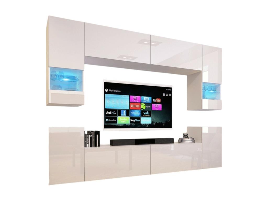 Ensemble de meubles de salon blanc suspendus collection Boislis XXVII- 240cm 8 meubles leds modulables. CERL97160