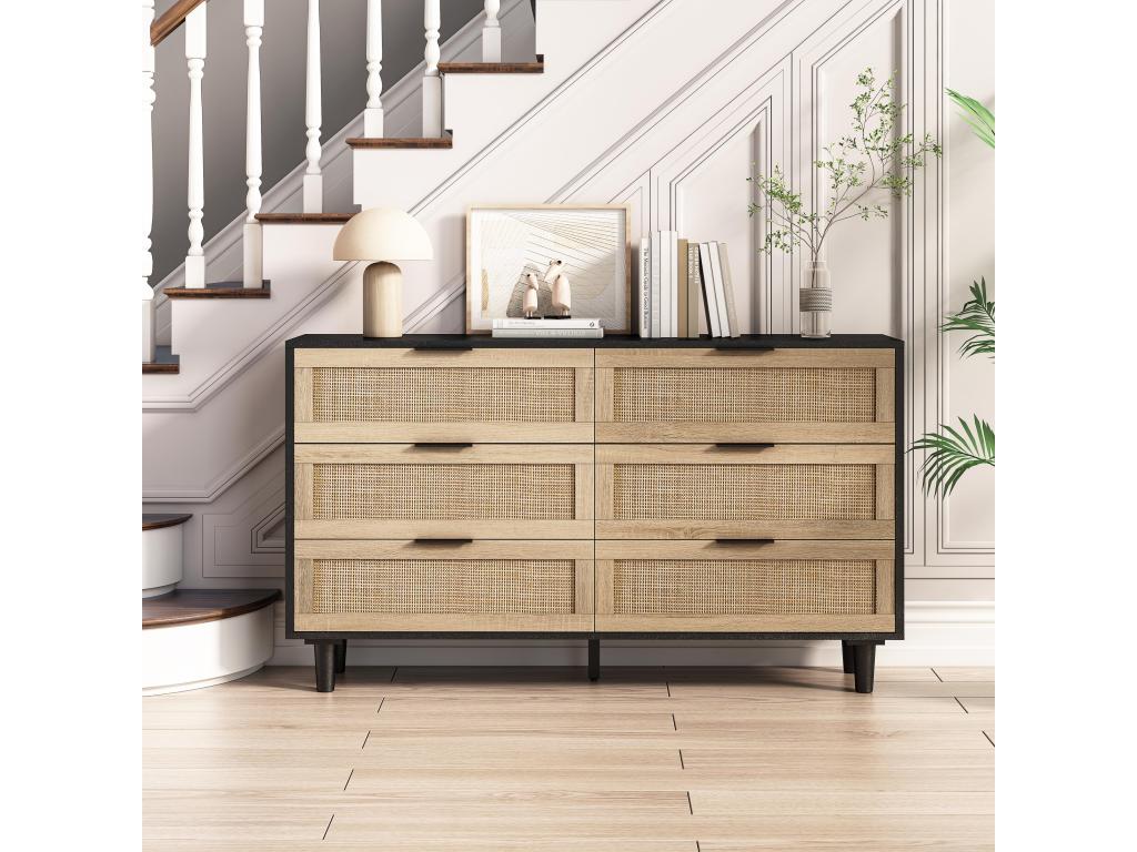 Armoire de rangement en rotin à 6 tiroirs de 130 cm pour chambre à coucher salon noir UWBS53534