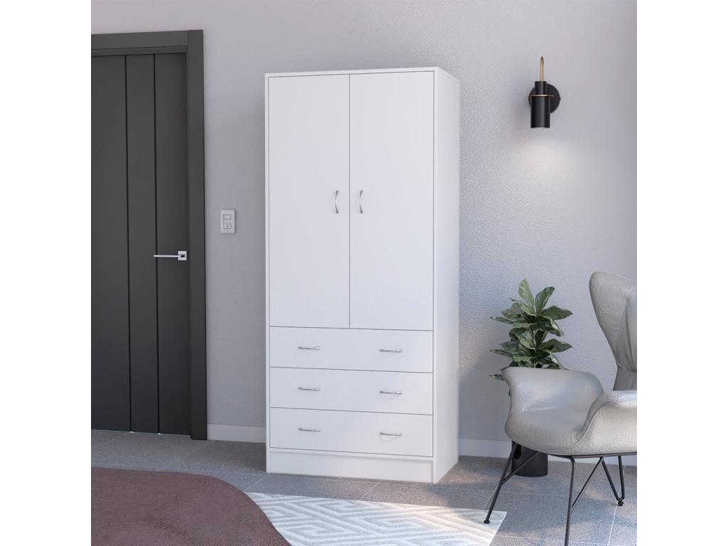 Armoire Boislis en mélaminé avec 2 portes 1 étagère 1 tringle à vêtements et 3 tiroirs avec rails métalliques blanc 180.1 cm X 78.7 cm X 48.4 cm OMHB66346
