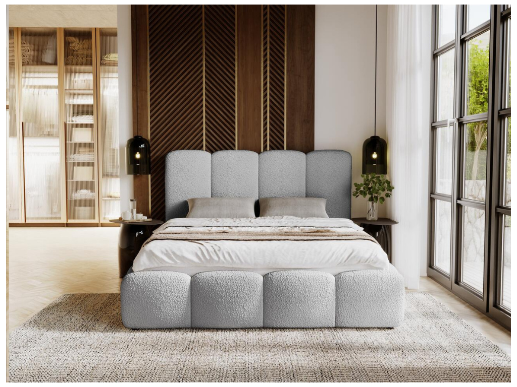 Lit rembourré avec rangement - 200x200 - lit double - bouclé - gris clair - Boislis VIQN25134
