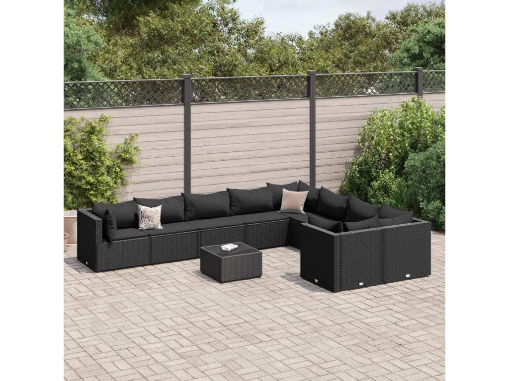Salon de jardin 10 pièces avec coussins noir résine tressée TPST57851