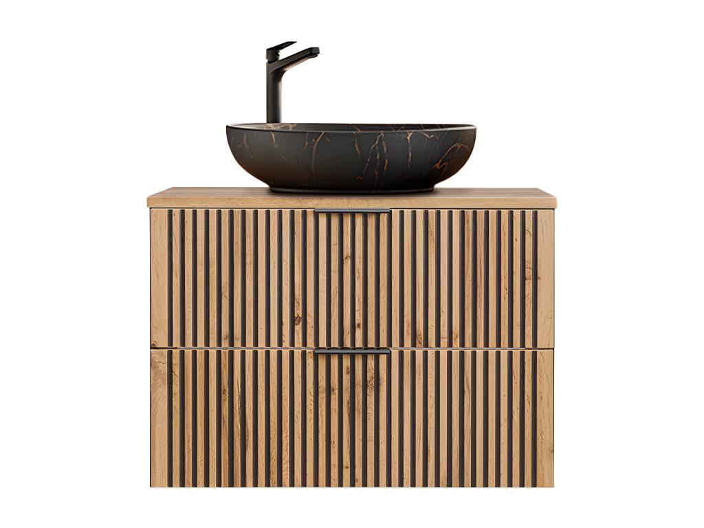 Ensemble meuble simple vasque 80cm colonne et 3 armoires murales Boislis Bois et Noir - Vasque Noir DVYW55428