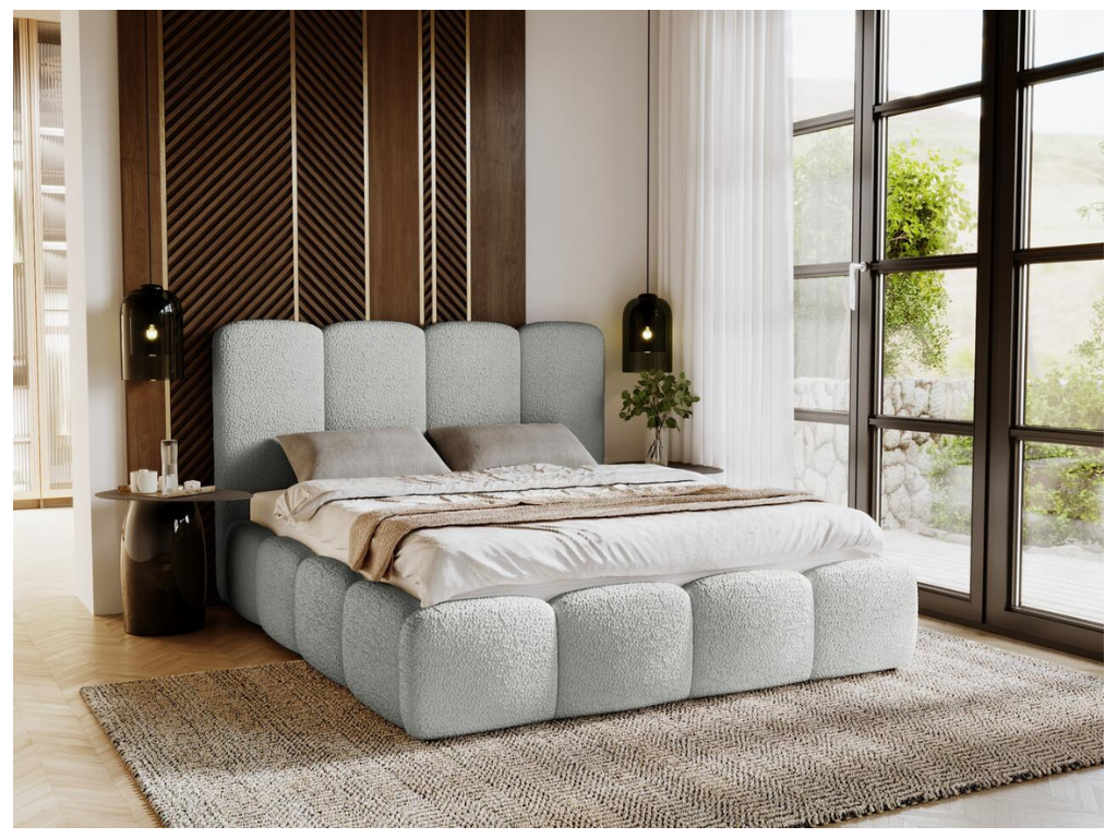 Lit rembourré avec rangement - 200x200 - lit double - bouclé - gris clair - Boislis VIQN25134