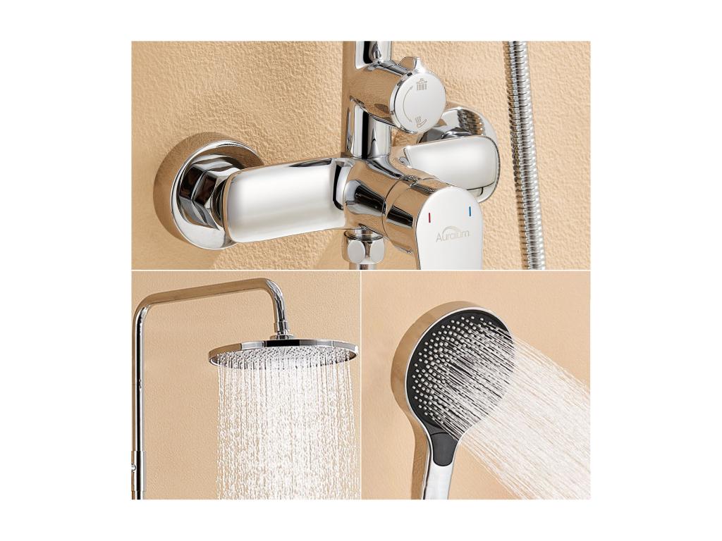 Colonne de Douche Chromée avec Mitigeur réglable en Hauteur 103-139 cm avec Douchette 3 Jets Porte Serviette Salle Bain Adhésif/Perçage Brossé NJGP69091
