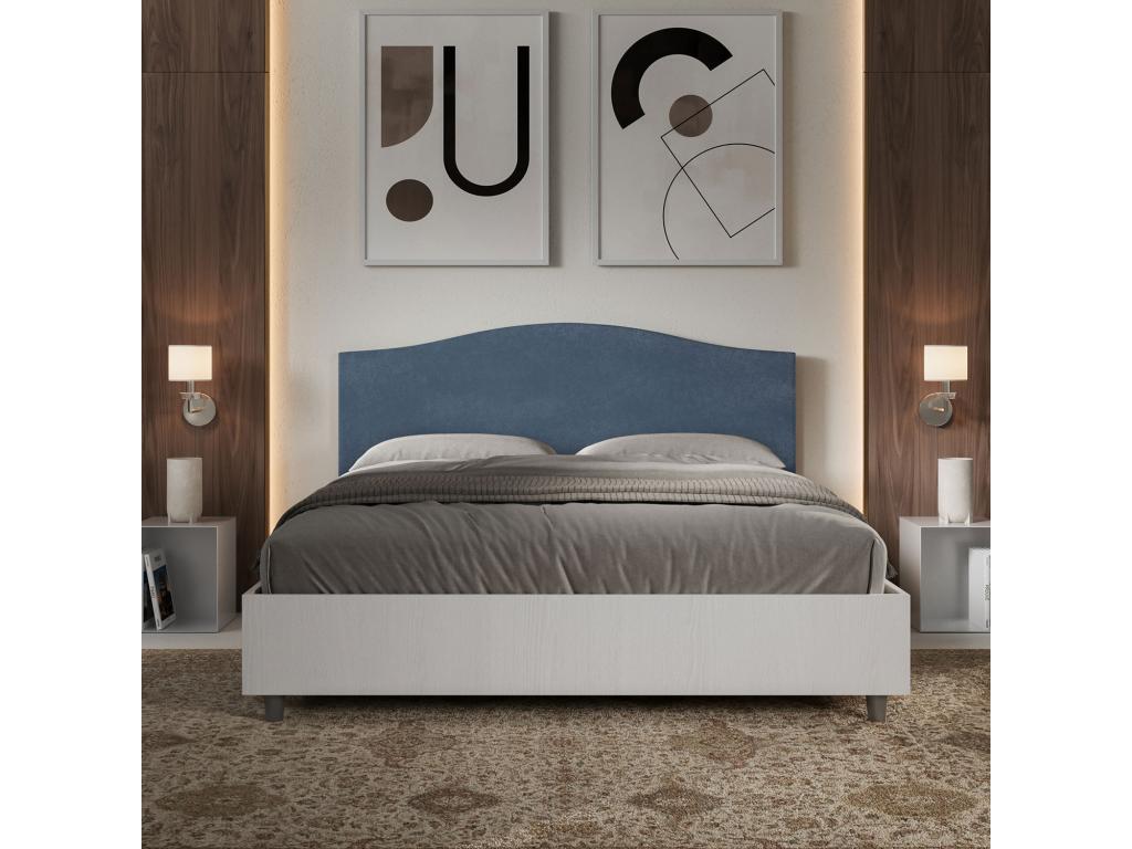 Lit avec sommier 160x190 structure frêne blanc tête de lit microfibre bleu Boislis PXRG85119