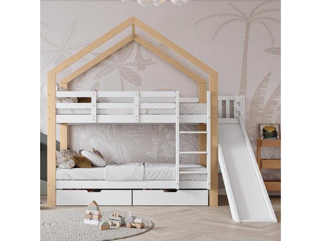 Lit superposé avec rangement - 2x90x200 cm - échelle toboggan et sommier à Boislis - naturel et blanc SBJO66592