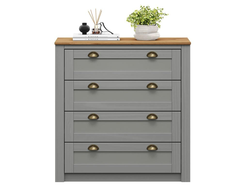 Commode chambre Boislis L 91 cm en bois massif lasuré gris et brun avec 4 grands tiroirs et poignées style campagne BKHT20132