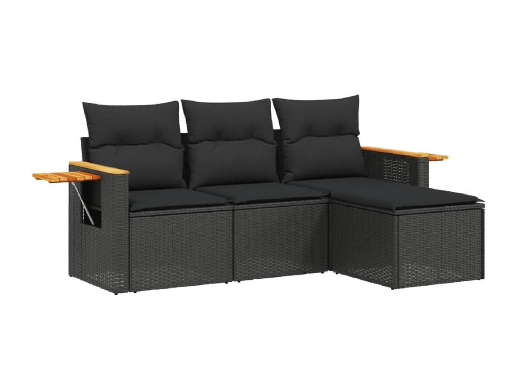 Salon de jardin 4 pcs avec coussins noir résine tressée QFXV14784