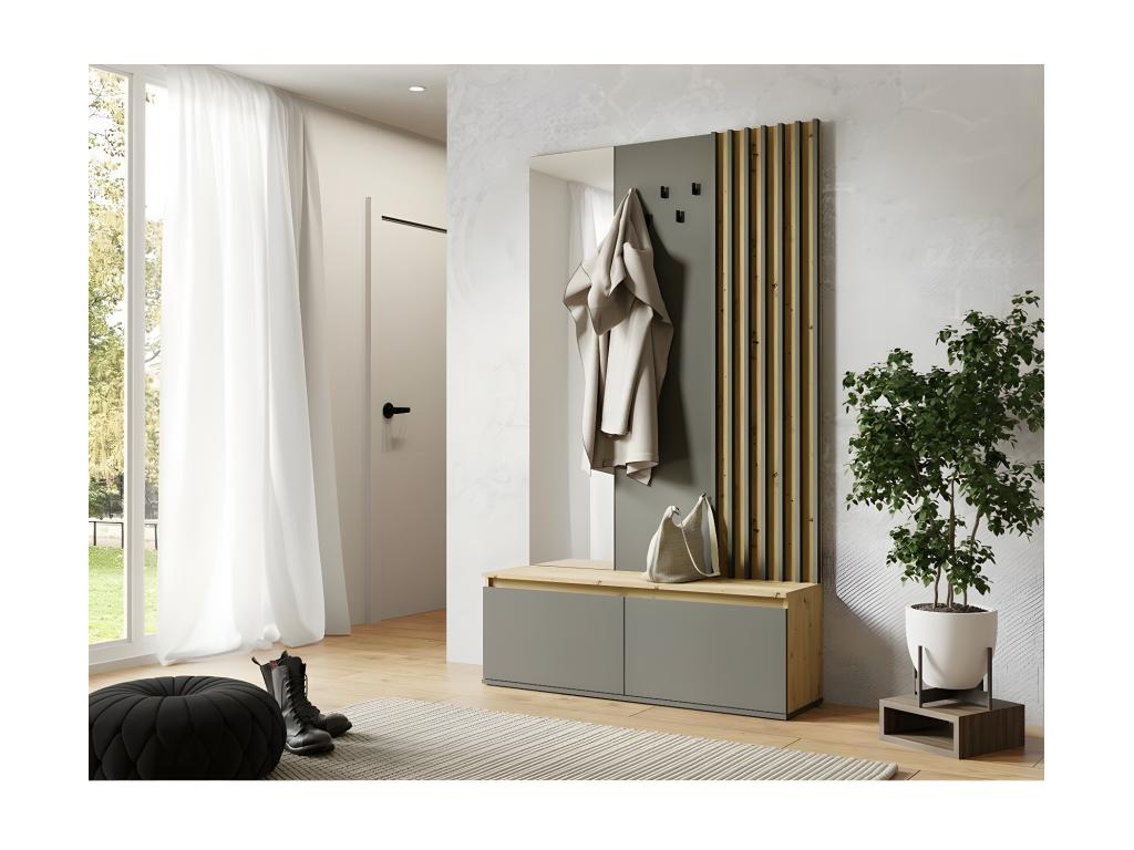Meuble d'entrée avec porte-manteau et miroir 120 cm - chêne clair et gris anthracite - Collection Boislis WVCJ48670