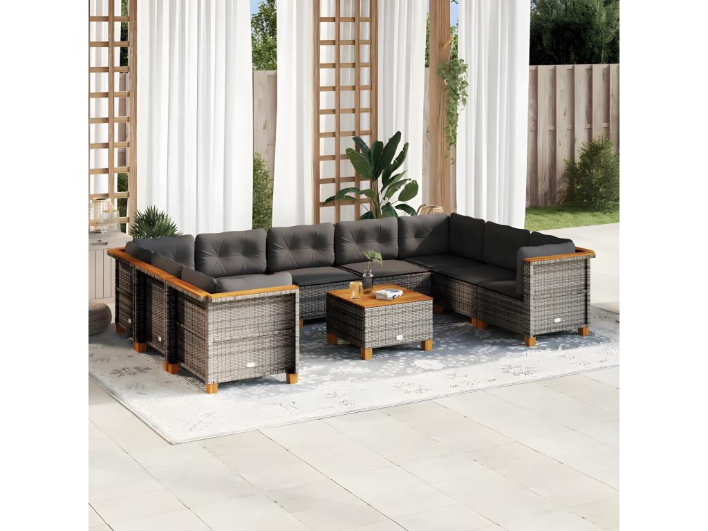 Salon de jardin avec coussins 10 pièces gris résine tressée APKW27961