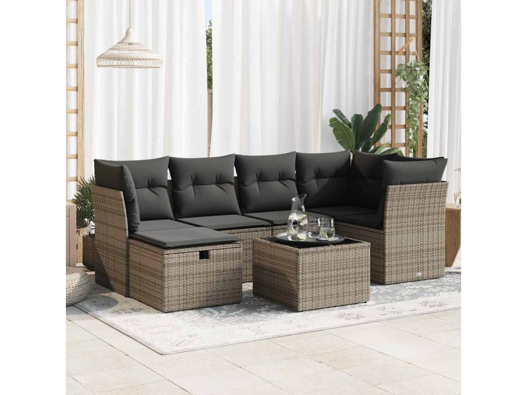 Salon de jardin avec coussins 7 pcs gris résine tressée AZZC50840