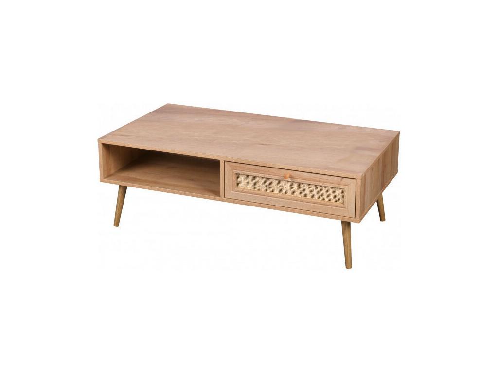 Table basse Boislis sur pieds 1 tiroir - Cannage rotin - Effet bois clair - 110x59 x H 39,5 cm CIBC66213