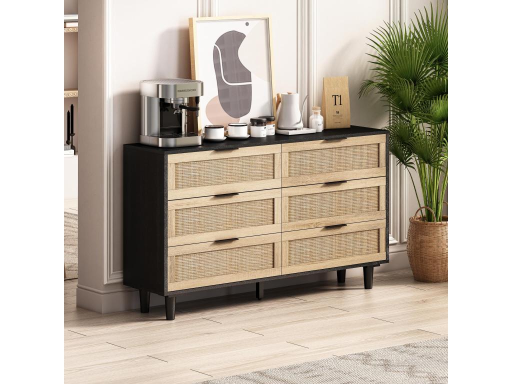 Armoire de rangement en rotin à 6 tiroirs de 130 cm pour chambre à coucher salon noir UWBS53534