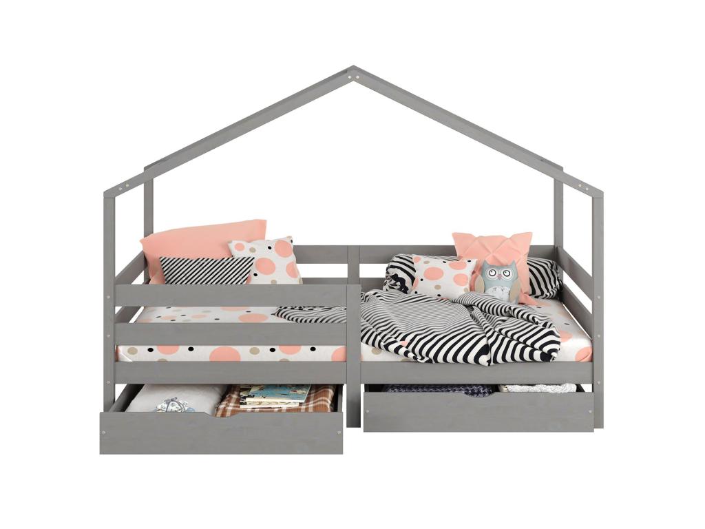 Lit cabane Boislis lit enfant simple montessori 90x190 cm avec 2 tiroirs de rangement en pin massif lasuré gris RUFB21367