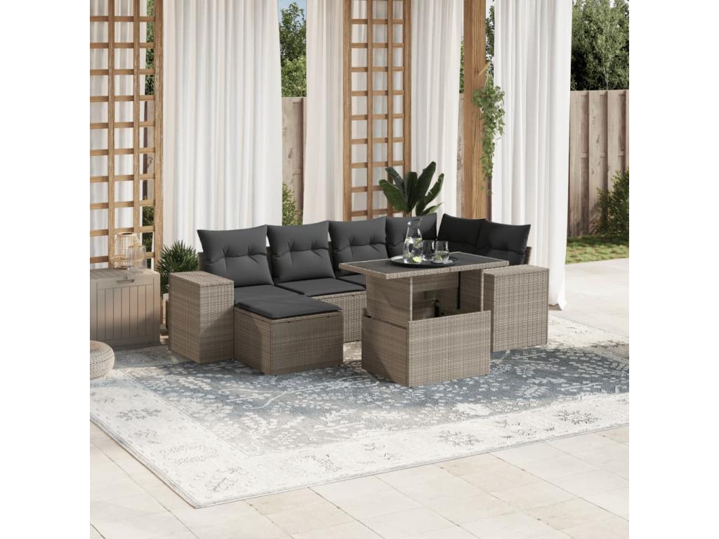 Salon de jardin avec coussins 7 pièces gris clair résine tressée OHHK40292