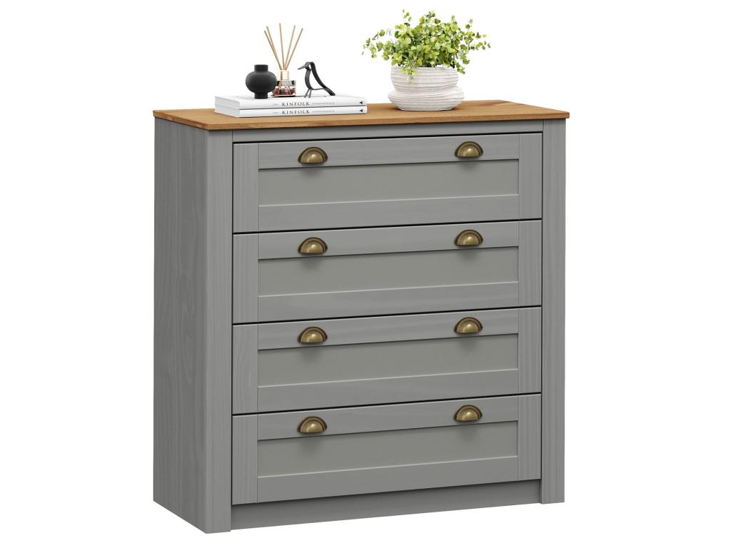 Commode chambre Boislis L 91 cm en bois massif lasuré gris et brun avec 4 grands tiroirs et poignées style campagne BKHT20132