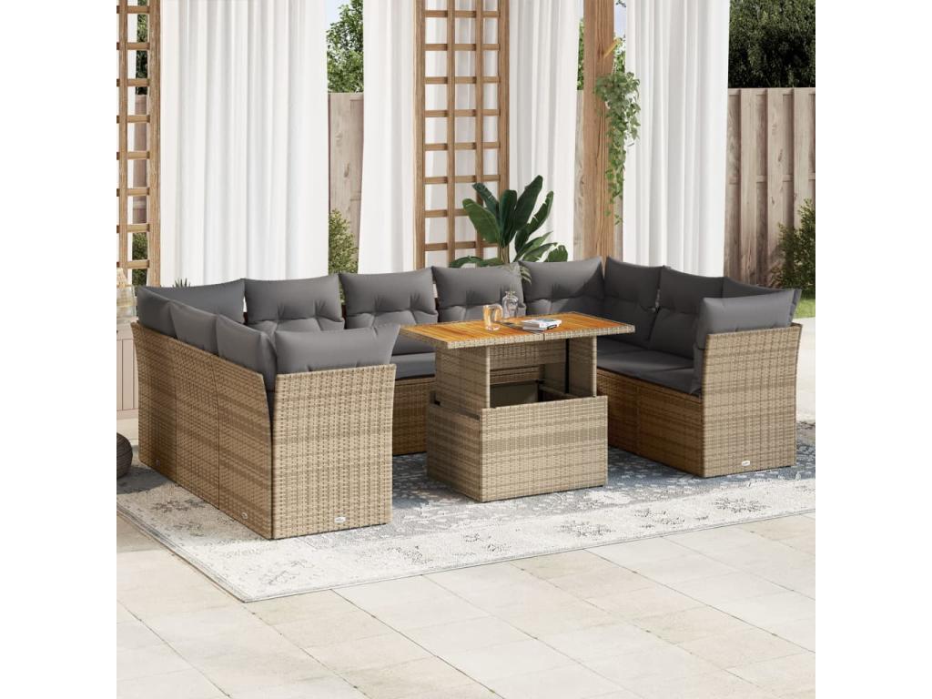 Salon de jardin avec coussins 10 pièces beige résine tressée BELJ63627