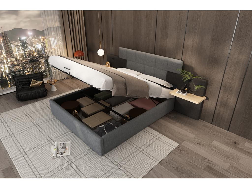 Lit coffre 180x200 cm avec tête de lit Mobenze et 2 étagères - Tissu en lin - Prise USB - Gris clair et noir Sans matelas TWSS01649