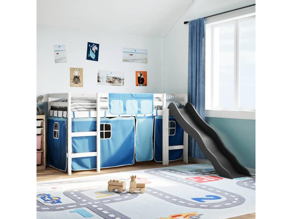 Lit mezzanine enfants et rideaux bleu 90x190cm bois pin massif KPHT85522