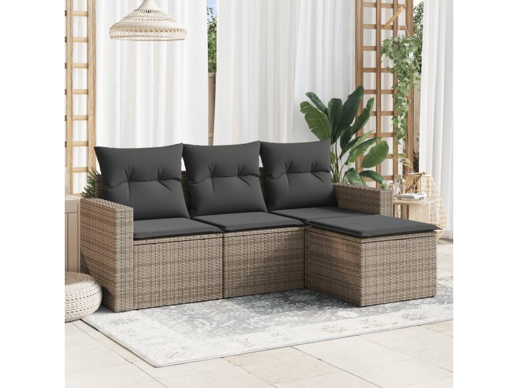 Salon de jardin 4 pcs avec coussins gris résine tressée LBOZ47378